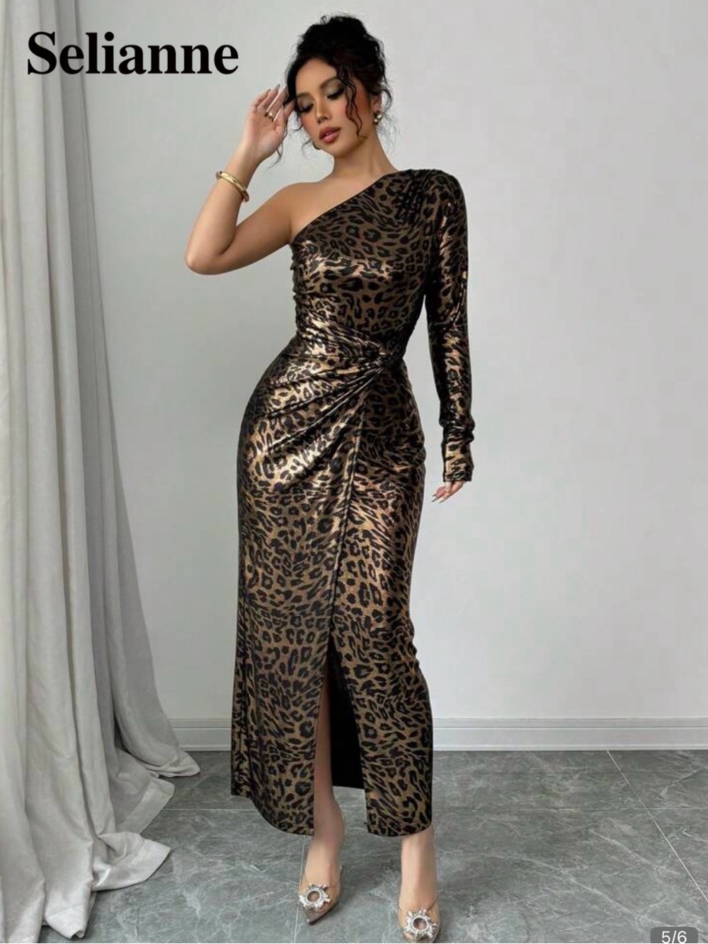 One-Shoulder Leopard-Print Evening Dress in Brown